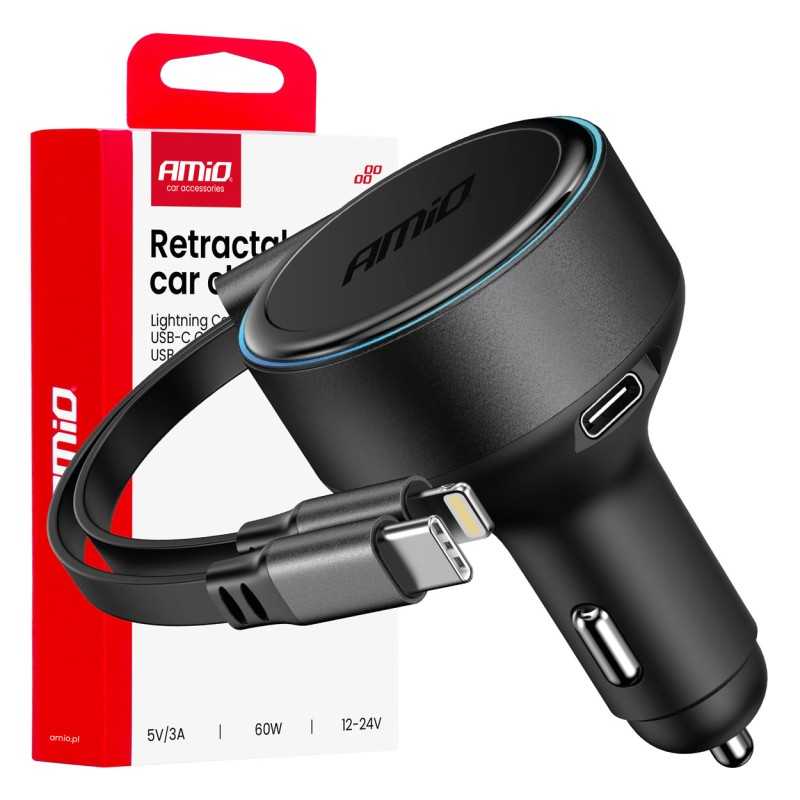Retractable car charger USB-C + lightning 12/24V 60W Retractable car charger USB-C + lightning 12/24V 60W