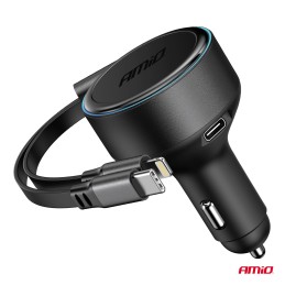 Retractable car charger USB-C + lightning 12/24V 60W