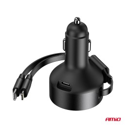 Retractable car charger USB-C + lightning 12/24V 60W